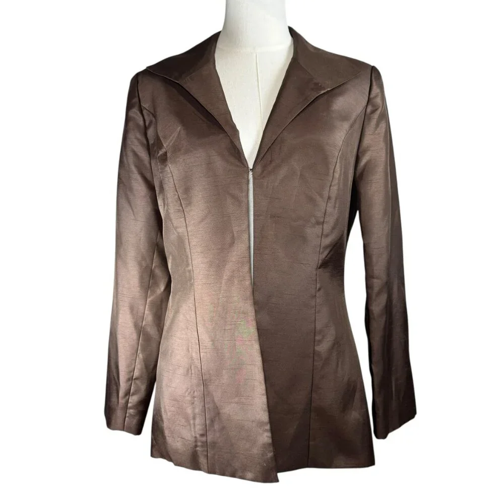 Victor Costa Vintage Jacket Size 6 Brown Bronze Shantung Blazer Open Front